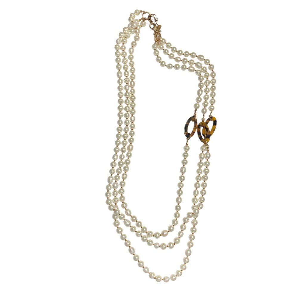 New Chico's Multistrand Fashion Pearl Bead White Tortoise Opera Length Necklace